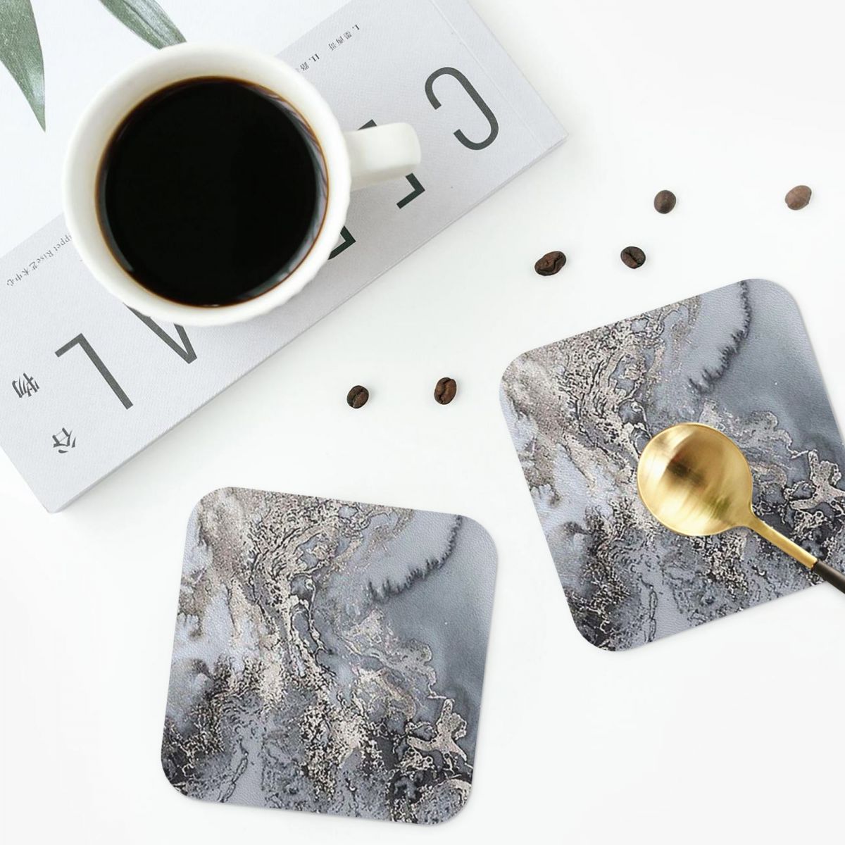 Marble Coaster Set - Sottobicchieri in marmo grigio e argento,